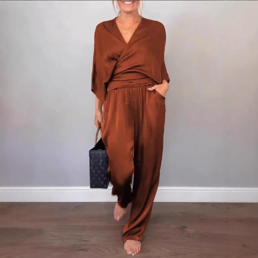 Spring Thin Satin Loose Suit Fashion Elastic Waist Straight Office Outfit Casual Women's V-neck Long Sleeved Top And Pants Sets