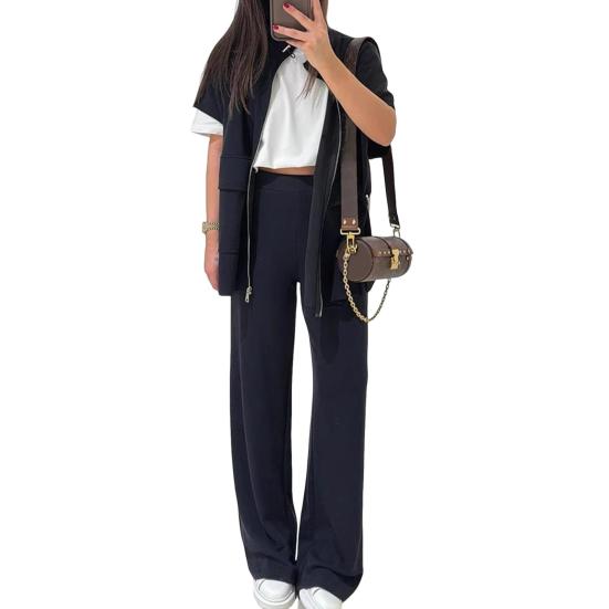 Women's Two Piece Outfit Casual Full And Wide Leg Pants Short Sleeve Shirt Set Casual