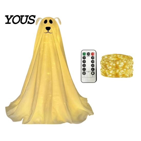 Lighted Ghost Dog for Entryway Halloween Decoration, Battery Operated Freestanding Spooky Cute Figurine with Remote And String Light Front Door,