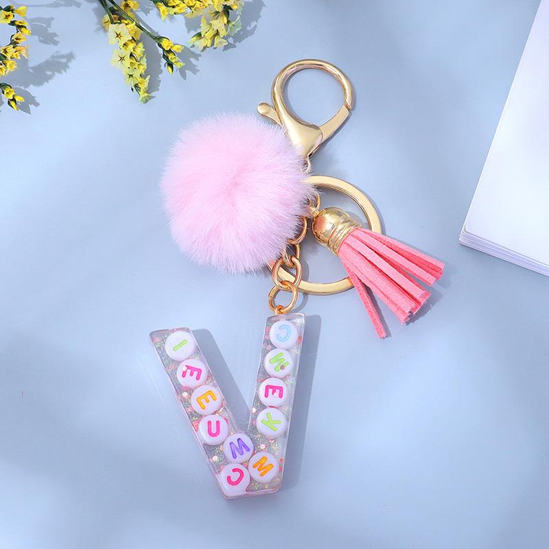 1PC Keyring Key Accessory Letter Filled Colourful Initial Pendant With Fluffy Keychain Glitter Tassel Charms For  Bags Backpacks