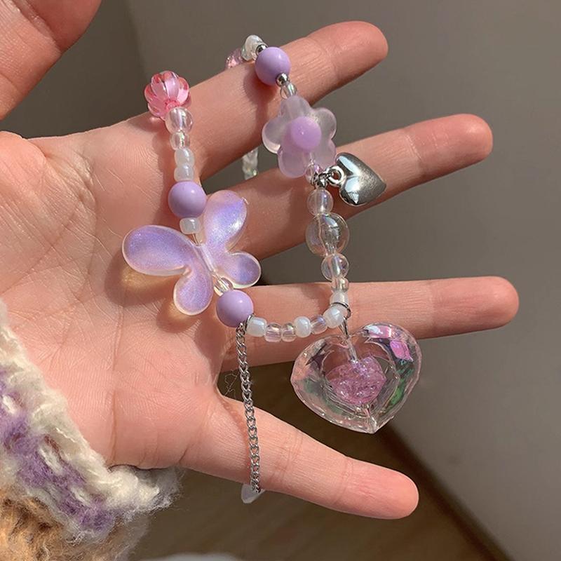 Y2K Heart Butterfly Přívěsek Choker náhrdelník Barevný korálkový řetízek klíční kosti pro ženy Dívka Punk Sladký estetický párty šperk