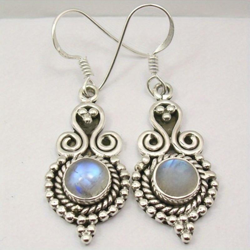 Vintage Moonstone Inlaid Punk Style Silvery Plated Dangle Earrings Women's Exquisite Elegant Banquet Wedding Jewelry Accessories