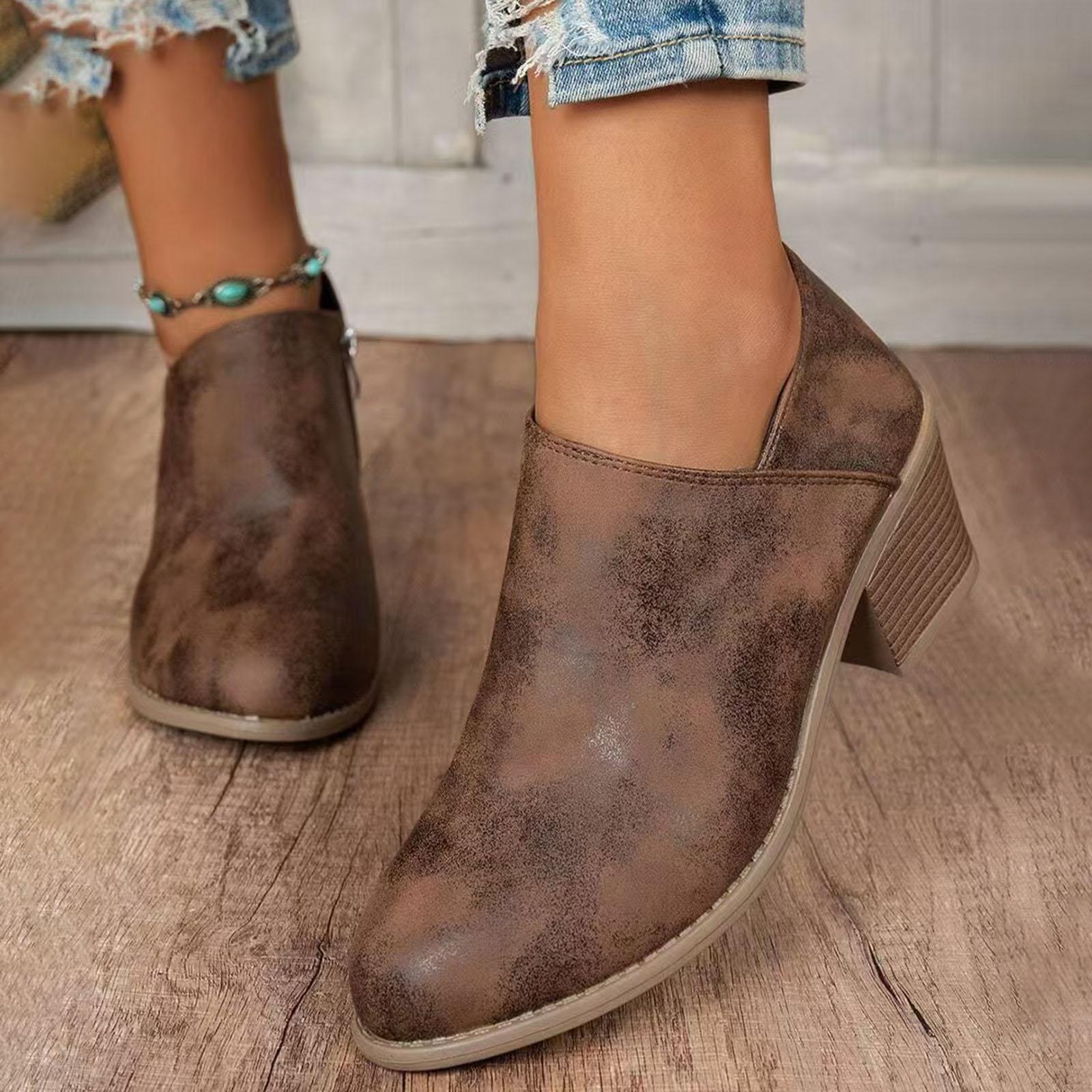 

Женские Модные и Простые Ботильоны на Толстом Каблуке с Боковой Молнией Повседневные Универсальные Водонепроницаемые Ботинки для Женщин 36 коричневый