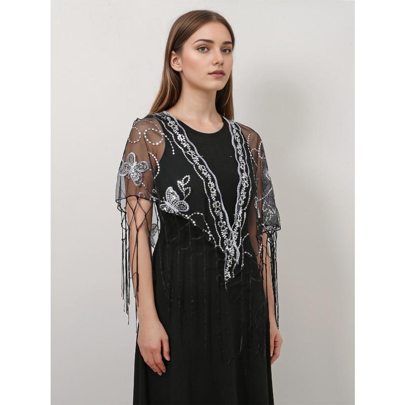 Meier Butterfly triangle scarf - openwork tassel embroidered party banquet evening dress lace shawl