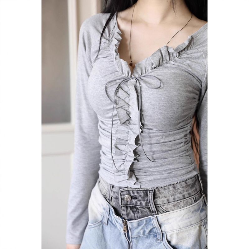 Korean Dongdaemun Autumn Gentle Lace Pleated Patchwork Design Long-Sleeve Knit Cardigan T-Shirt Set for Women Gray Base Layer Shirt S
