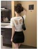 Hollow Bow Embroidery Front Shoulder Short Sleeve T-Shirt Women's Summer Navel Short Slim Skinny Spice Girl Top