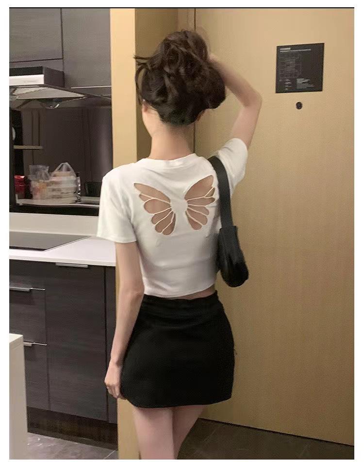 Hollow Bow Embroidery Front Shoulder Short Sleeve T-Shirt Women's Summer Navel Short Slim Skinny Spice Girl Top