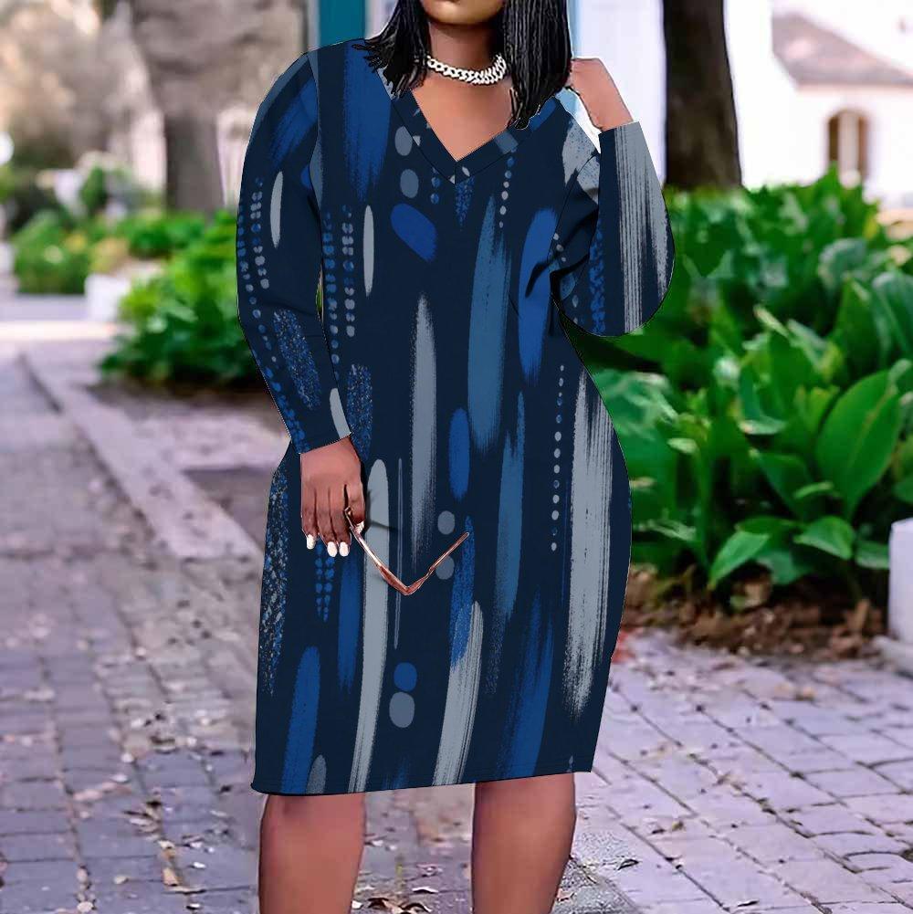 Women Plus Size V Neck Long Sleeve Printed Dark Blue Fitted Straight Dress