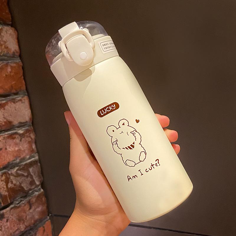 350/500ml Cute Cartoon Straw Insulated Water Bottle, 316 Stainless Steel Vacuum Flask with Strap for Girls Kids