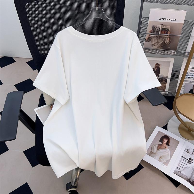 Women's Plus Size Slimming Loose Fit Mid-Length Round Neck Short-Sleeve T-Shirt (Sizes 200/300/350 Jin)