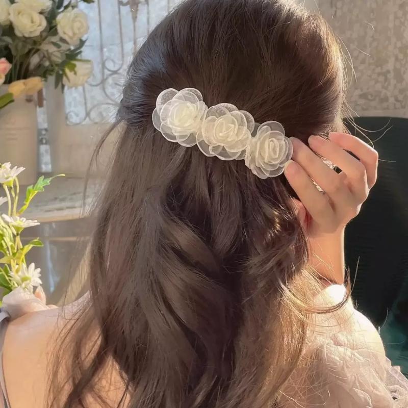 1Pcs White Rose Flower Hair Clips For Women, Elegant Organza Satin Hair Barrettes, Bridal Hair Accessories For Wedding, Party