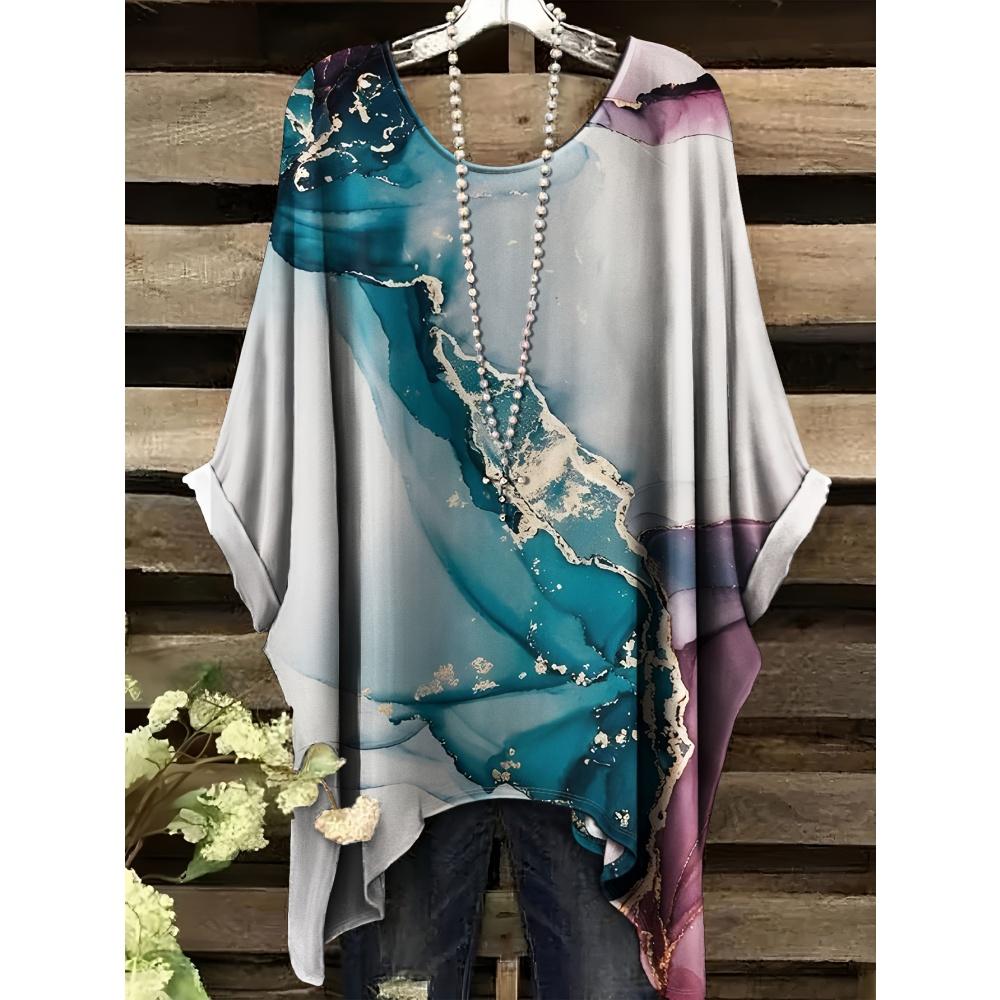 New 2025 T-Shirts for Women Gold Marble Print Versatile Machine Summer Comfort Short Sleeve Washable Bohemian Vintage Clothing