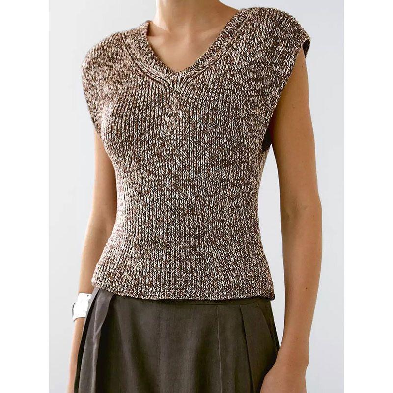 MD Women clothes French style Simple Pure Cotton Two-Color Yarn V-neck Sleeveless Knitted Sleeveless t-shirt Top Tide 05691733700