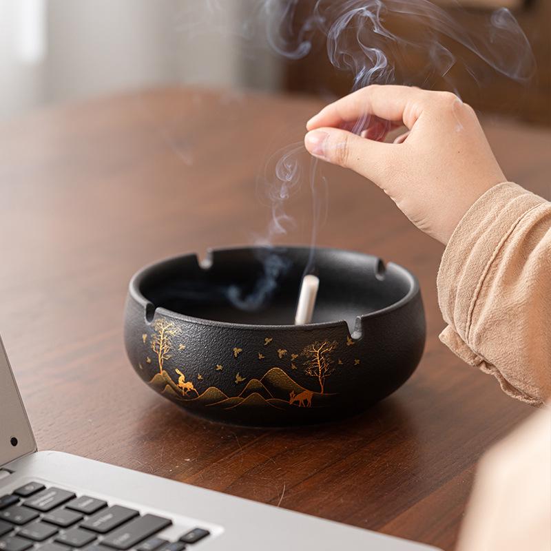 Retro Chinese-Style Large Windproof Ashtray - Coarse Pottery Design, High-End Luxury Cigarette Holder for Home & Office