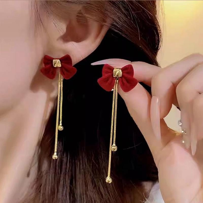 Silver Needle Red Bow Flower Earrings - Light Luxury Christmas & Holiday Studs, Autumn Winter Jewelry