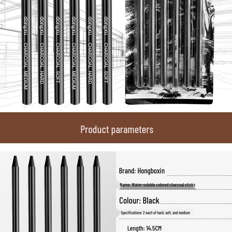 Water-Soluble Charcoal Sketching Set: 6-Piece Charcoal Pencils and Sticks In Soft, Medium, and Hard Varieties.