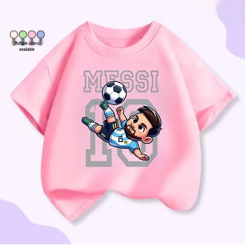 Unisex T-shirt voor Kinderen met Korte Mouwen - Voetbal Supersterren Print (Messi & CR7), Zomer Katoen Ronde Hals