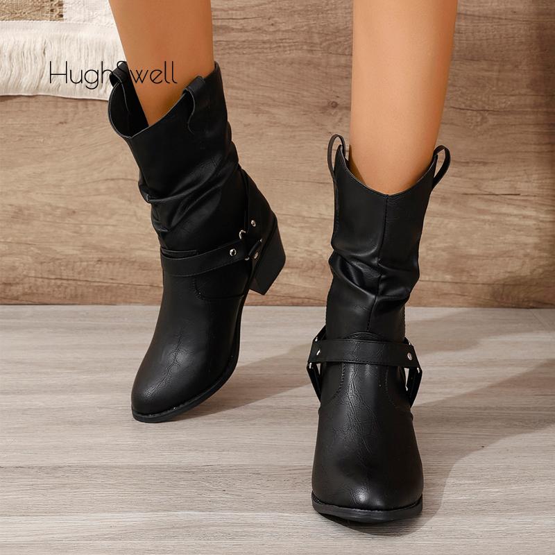 Fashion Classic Pleated Design Riding Boot Woman Triangle Buckle Strap Western Booties Ladies Heeled Pointed Toe Brand Design Long Botas