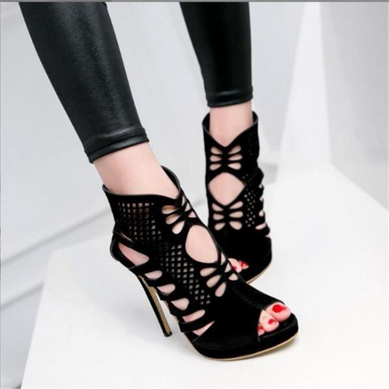 Zipper Sandals Heels11.5CM Women's High Heel Shoe Summer Trend Black Red Sexy Peep Toe Boots Fashion Stilettos Girls High Heels