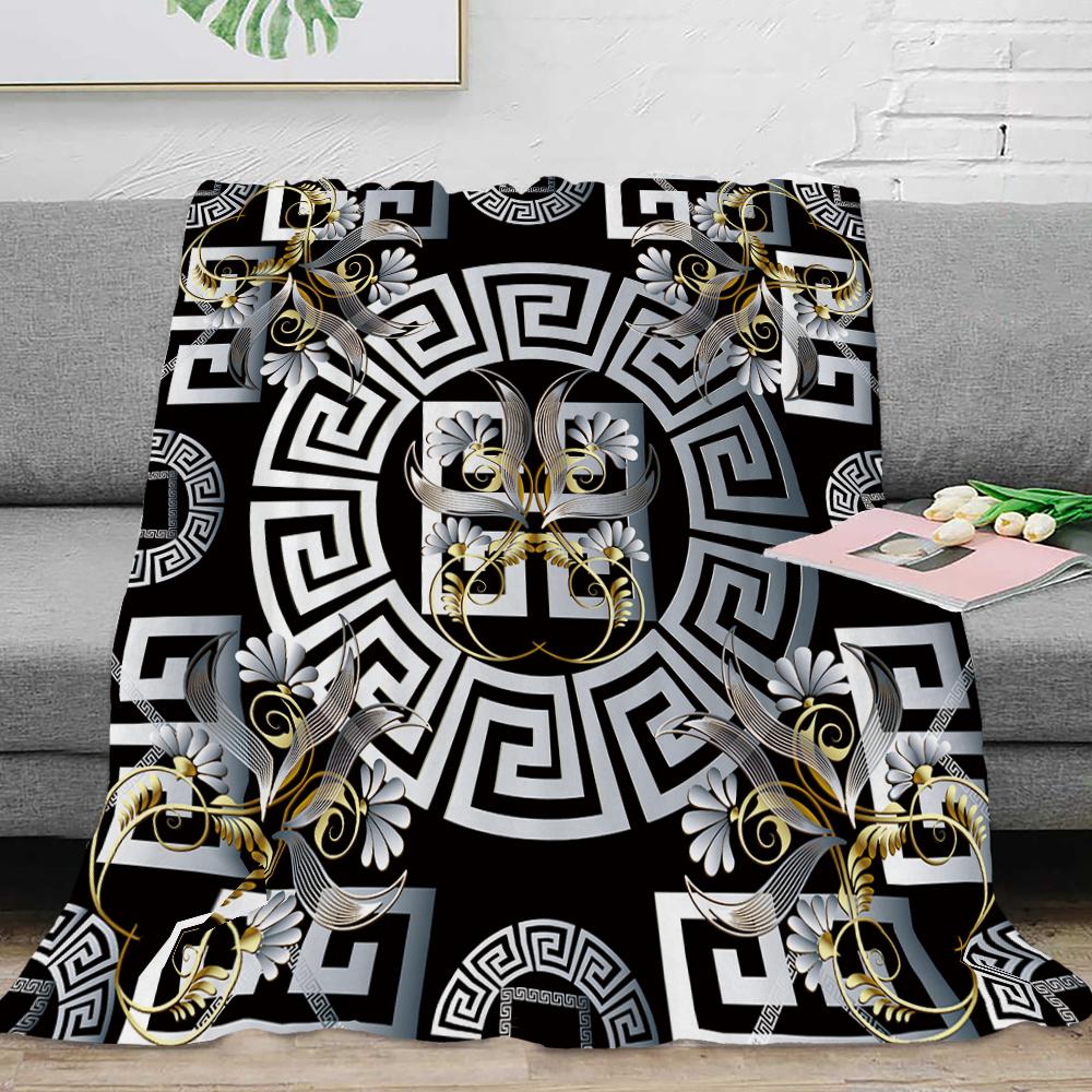 Couverture Plaid en Flanelle Luxe Noir Or Clé Grecque Méandre Baroque Douce Peluche Moelleuse Chaude Décoration Maison Couette Linge de Lit Cadeau