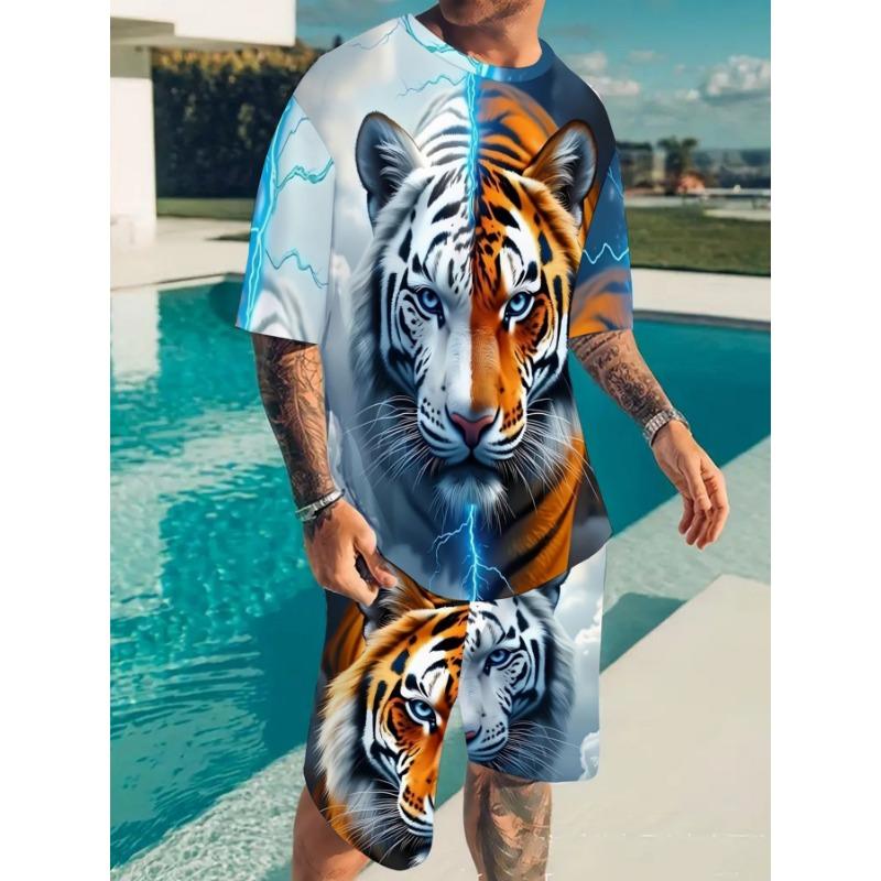 Men s 3D Tiger Print Summer Set: Blue & Orange Lightning Design Tee & Shorts. Cool Streetwear for Holiday & Daily Wear S