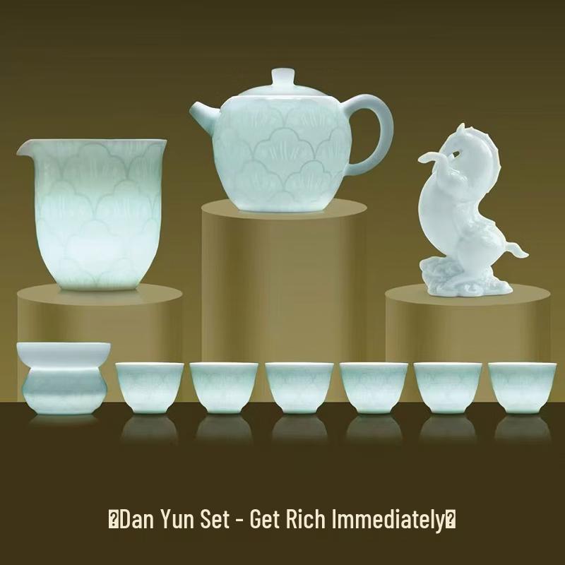 Qishang Chinese Celadon Embossed Ceramic Tea Set