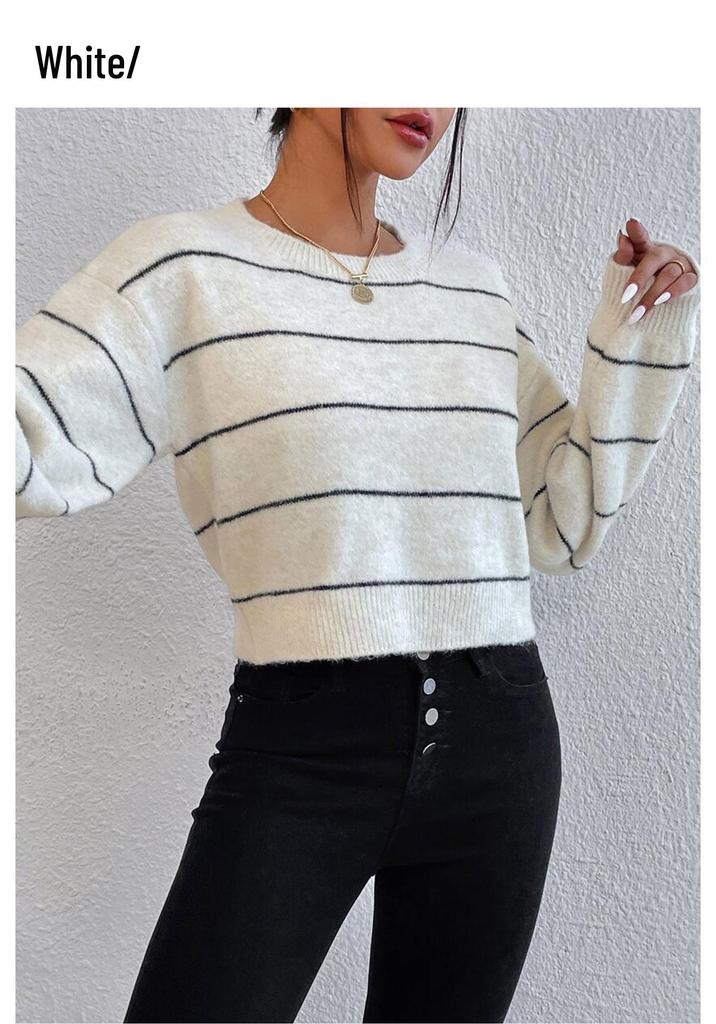 Women's Striped Crew Neck Sweater - Loose Knitwear, Long Sleeve Pullover for Autumn/Winter