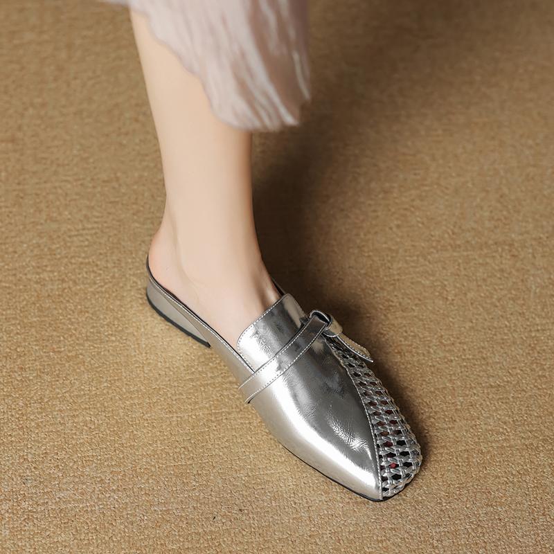 Fashion 2025 Summer New Women Shoes Genuine Leather Square Toe Women Sandals Hollow Out Sandals for Women Chunky Heel  Mules Slippers