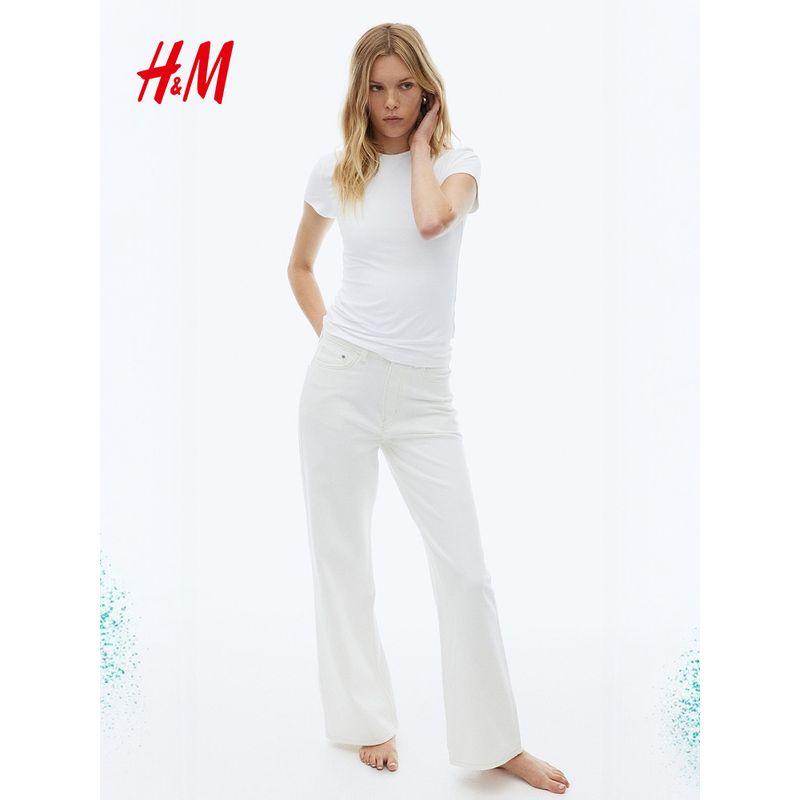 HM Women's T-shirt Fall Slim Fit Elastic Plaid Basic Style round Neck Short Sleeve Maillard Tops 1142908