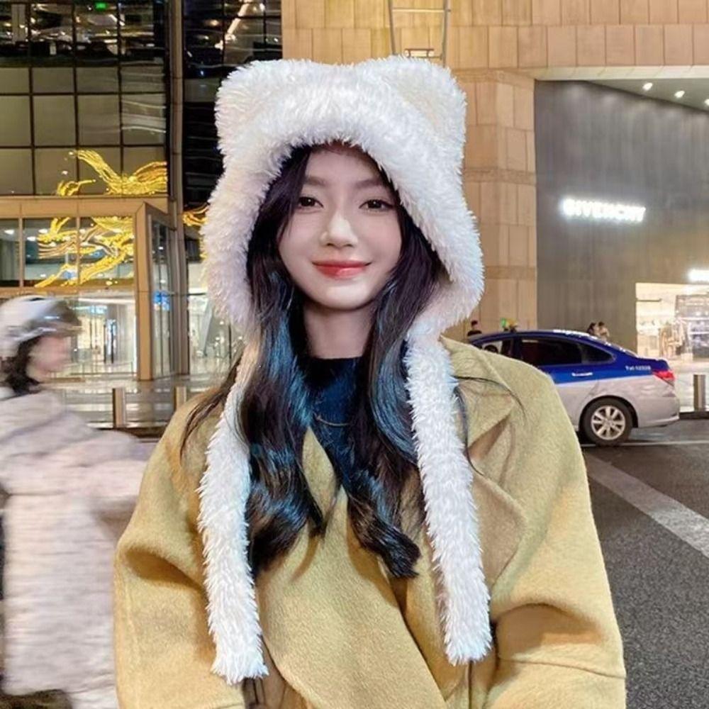 Warm Bear Ears Knit Hat Slouchy Plush Beanie Cap Cute Ear Protection Hat Cold Weather