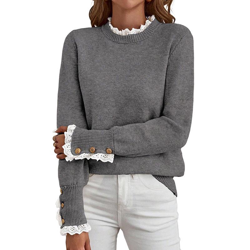 2025 Autumn/Winter Women's Solid Color Pullover Sweater - European & American Fashion, Playful Lace Patchwork, Long Sleeve, Thick Top.