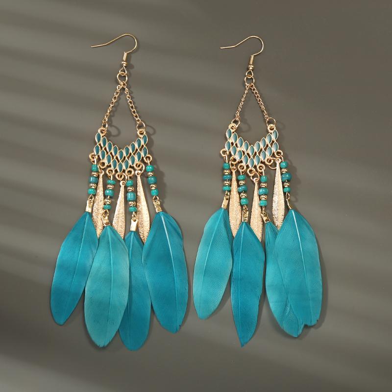 Kolczyki wiszące z długimi piórami w stylu boho dla kobiet Kolczyki z długimi frędzlami na plażę Kolczyki z ręcznie robionym kwiatkiem emaliowanym Panny Młodej Ślubne Pendientes Mujer