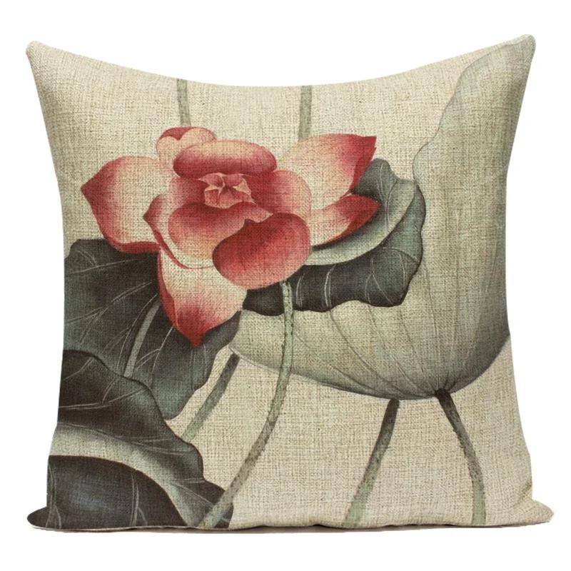 Chinese Style Lotus Ink Painting Cushion Cover Polyester Pillow Cover Office Car Sofa Throw Pillowcase Home Decorative