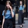 Chic Women's Summer Two-Piece Set: Stylish Short Sleeve Top & High Waist Wide Leg Pants