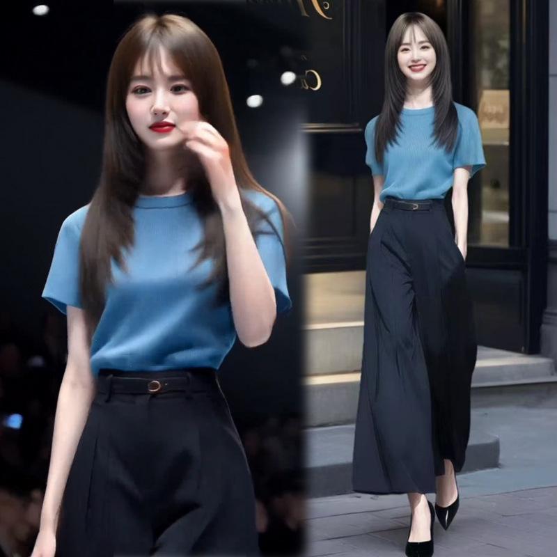 Chic Women's Summer Two-Piece Set: Stylish Short Sleeve Top & High Waist Wide Leg Pants