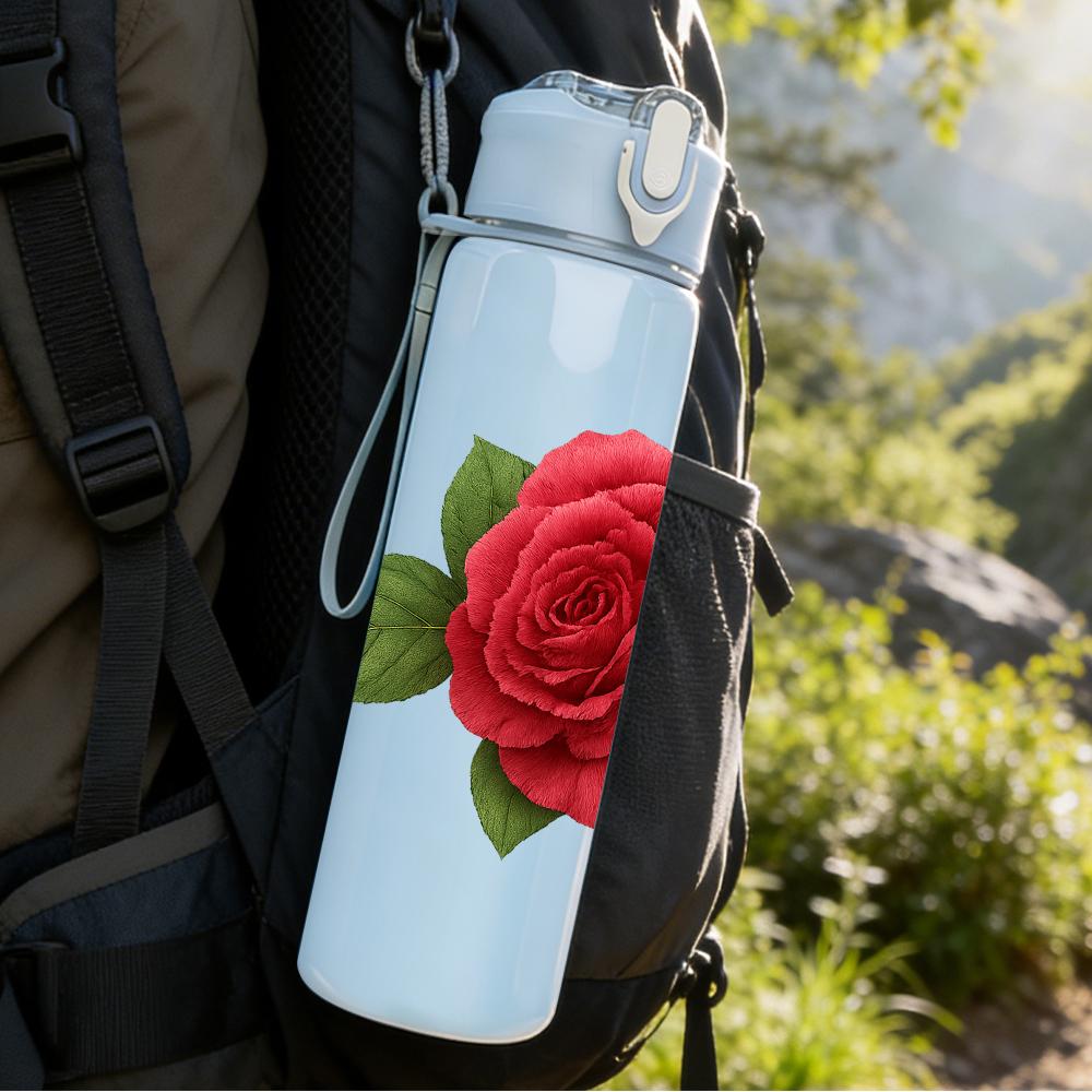1PC Single Red Rose Bloom 750ml Color Plastic Sports Water Bottle Leakproof Flip Straw Lid For Sports Office Home Use