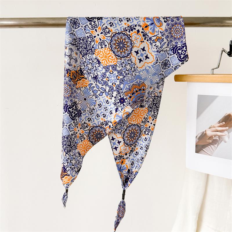 Leopard print chain simulated silk double-layer printed waist-tied triangle scarf sun protection shawl neckerchief women's scarf