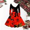 Women Floral Print Midi Dress, Long Sleeve V‑Neck Furry Trim A‑Line Party Dress, Christmas Limited Edition