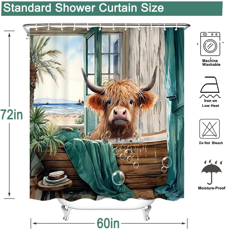 Highland Cow Summer Shower Curtain 60Wx72L Inch Funny Cute Cattle Ocean View Landscape Bathtub Calf Tropical Hawaii Scene Palm L