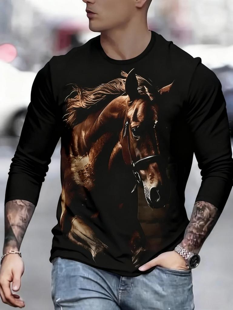 Men's T-Shirt Running Horse Graphic 3D Print Fashion Long Sleeve Crew Neck Unisex Tee Shirt Casual Summer Personality Men's Top