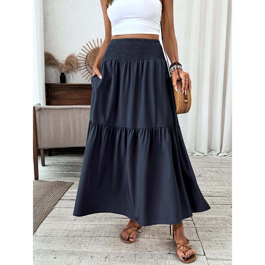 Women's Casual Ditsy Floral Elastic Waist Pocket Skirt, Suitable for Casual Commuting Wear