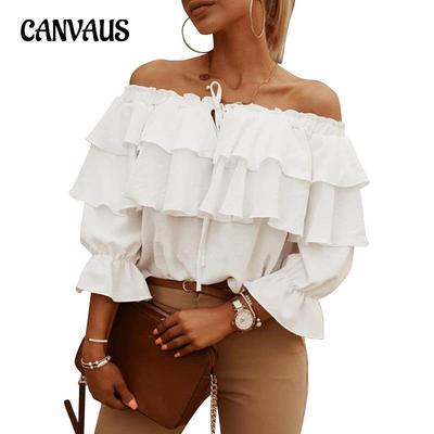 Tricou de vară pentru femei Cămașă din șifon cu un gât pentru femei, cu umăr elastic, cravată cu volane, ocazional, lejer, mânecă medie