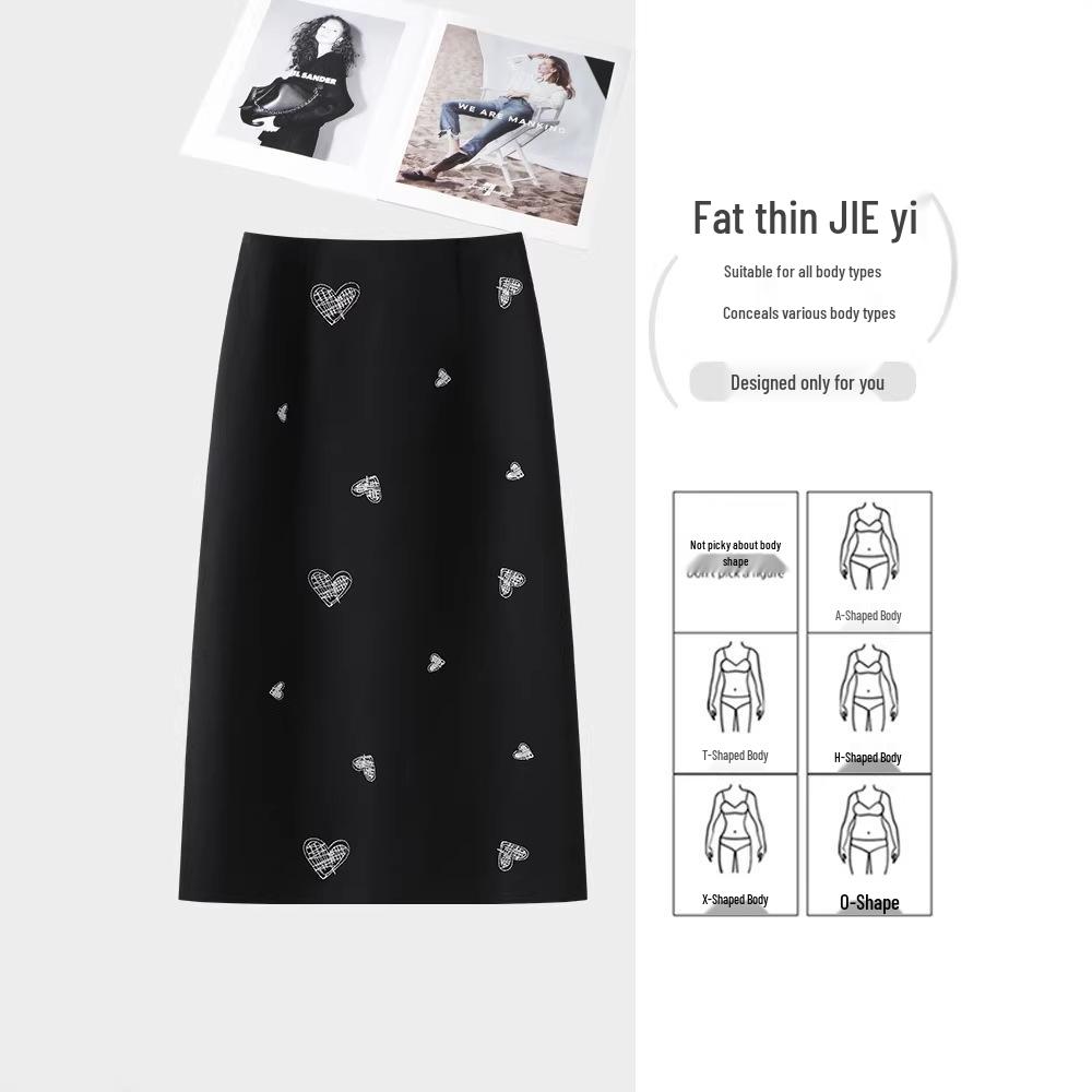 Elegant Heart Print Black Midi Skirt for Women - 2026 Spring/Autumn Age-Reducing Style
