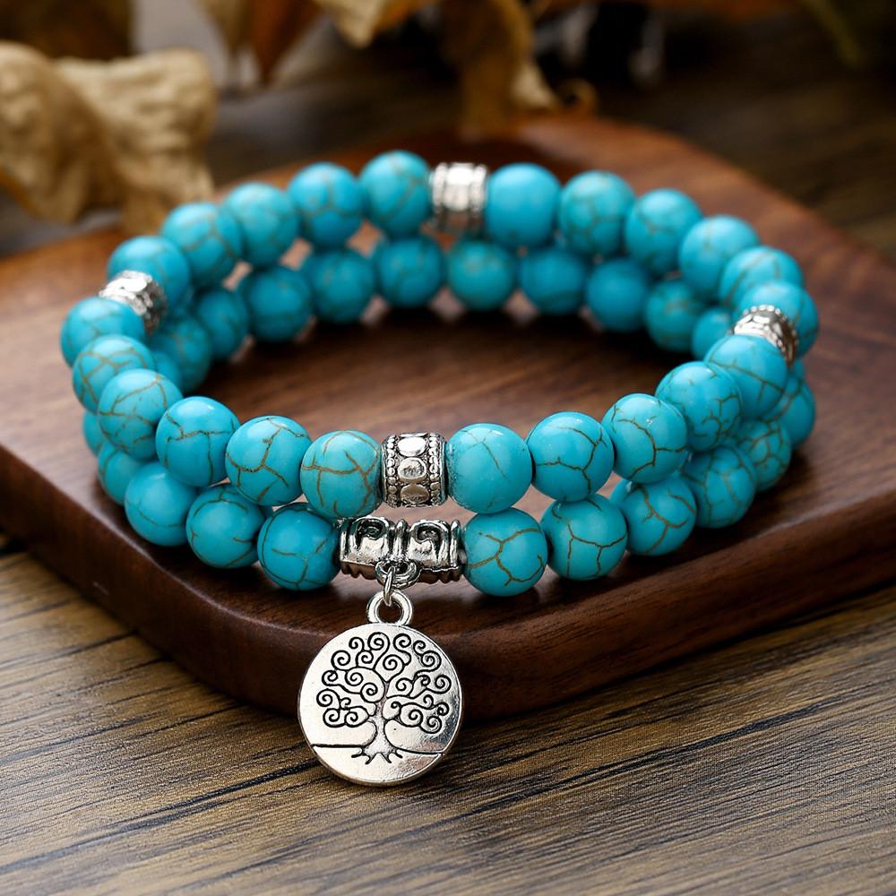 Mehrschichtiges, stapelbares Armband-Set aus Holzperlen für Damen und Herren im handgefertigten afrikanischen Türkis-Stil