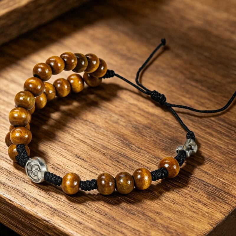 Retro adjustable hand rope. Simple Chinese style wooden round bead couple bracelet.