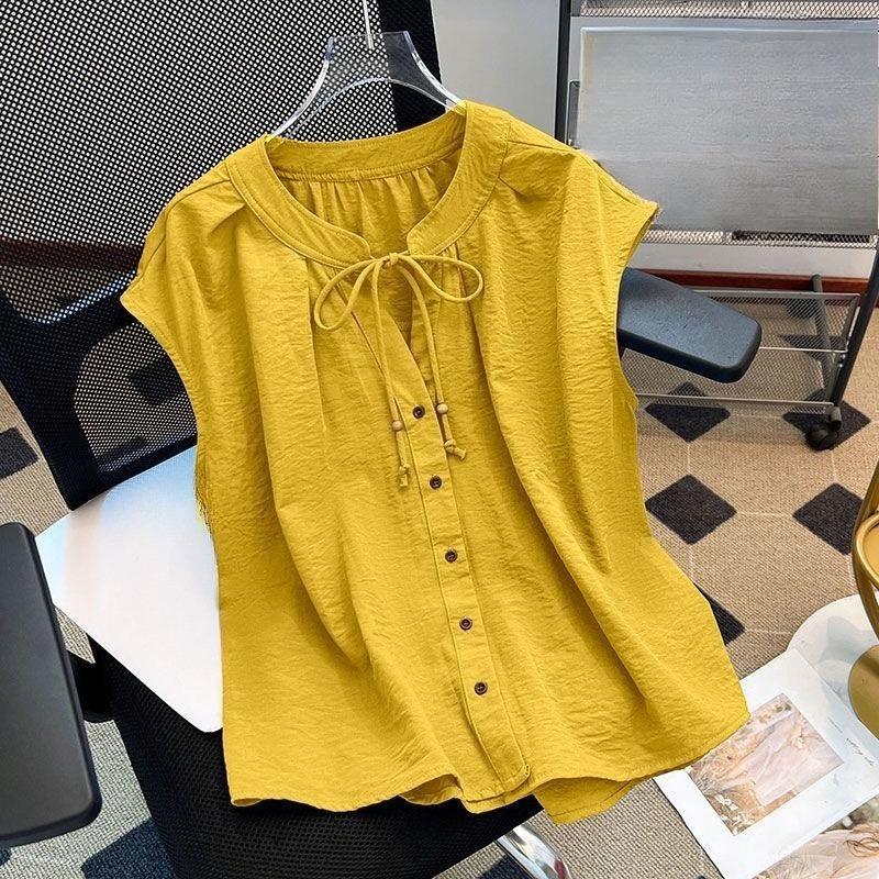 

Lace Up Round Neck Women s Shirt French Solid Color Single Breasted Famale Sleeveless Shirts Summer Casual Fashionable Ladies Front Open Top XL жовтий