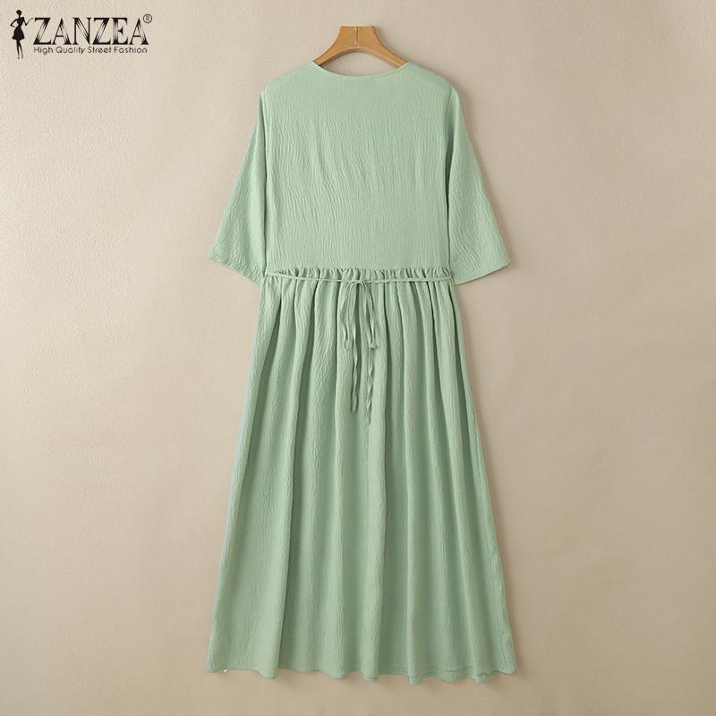 ZANZEA Women Casual Round Neck Summer Solid Color Short Sleeve Dress