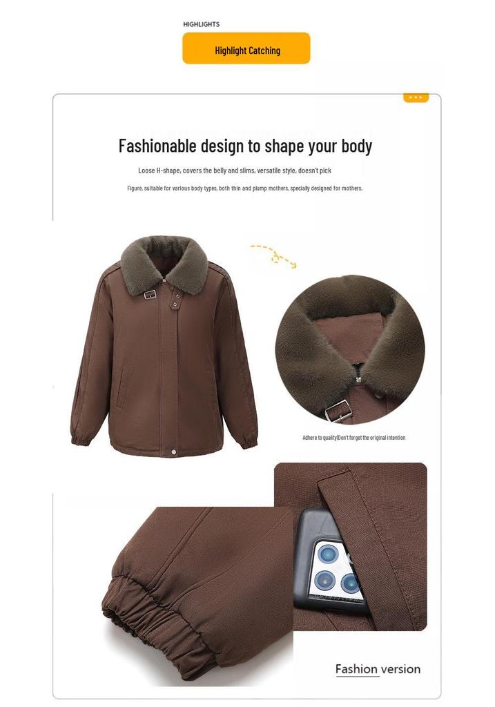 Stylish Velvet-Lined Winter Parka for Middle-Aged and Elderly Women - Warm, Thickened, Cotton Lapel Jacket