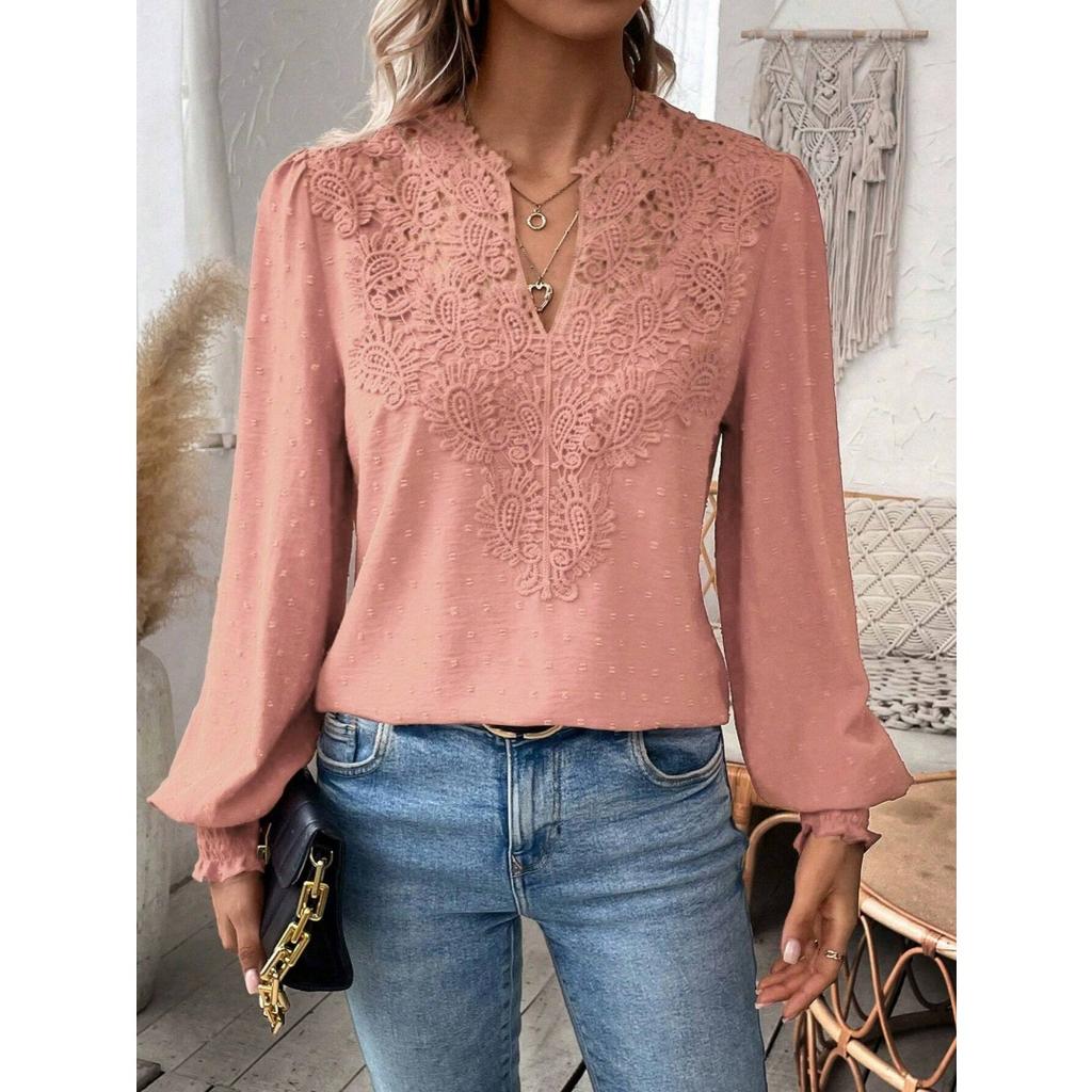 Fashion V-neck Lace Solid Color Long-sleeved Casual T-shirt Women's Top