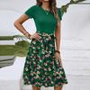 Women's Fashionable Retro Patterned Printing Color Blocked Belt Casual Dress